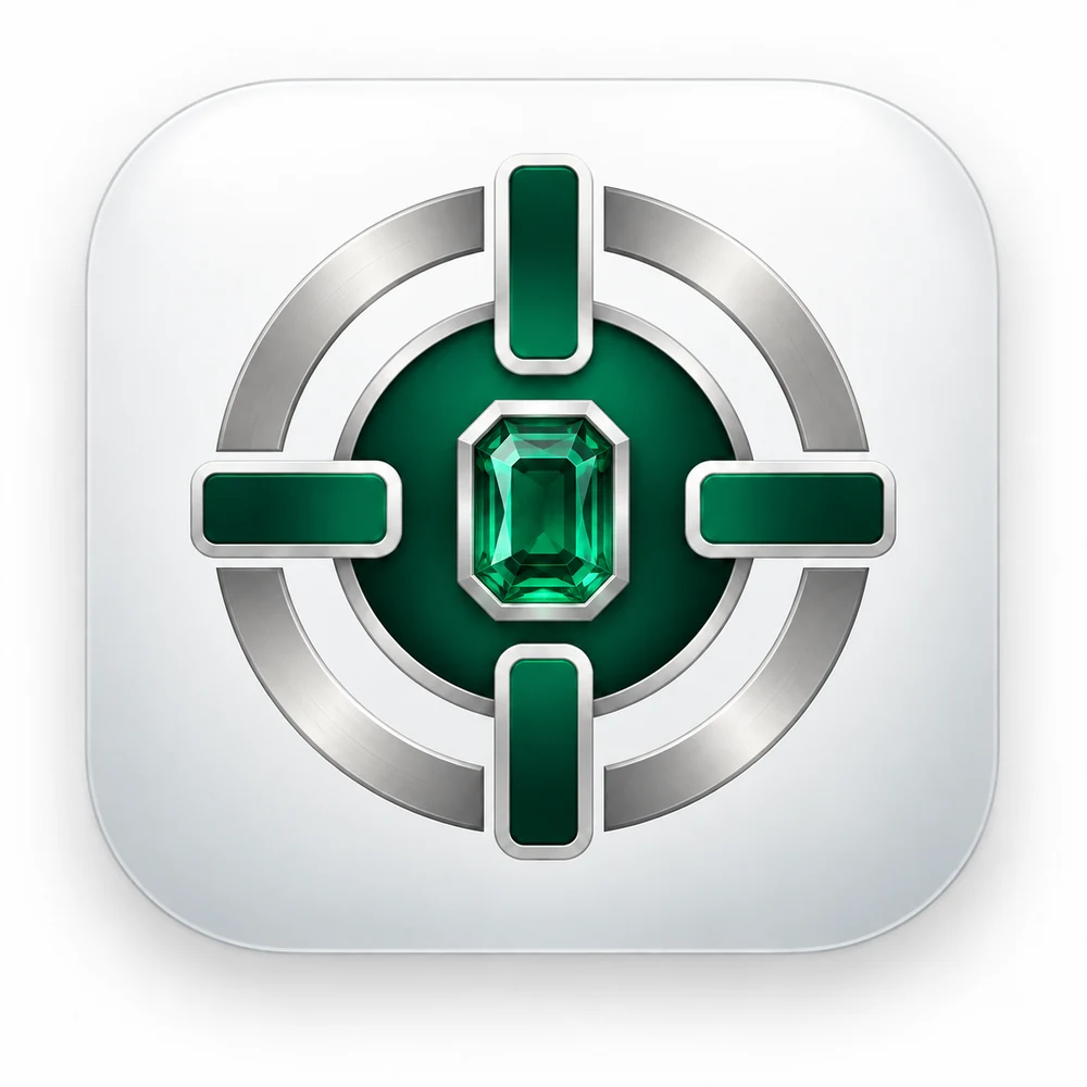 Vaultiers platinum emblem with a faceted emerald at its heart